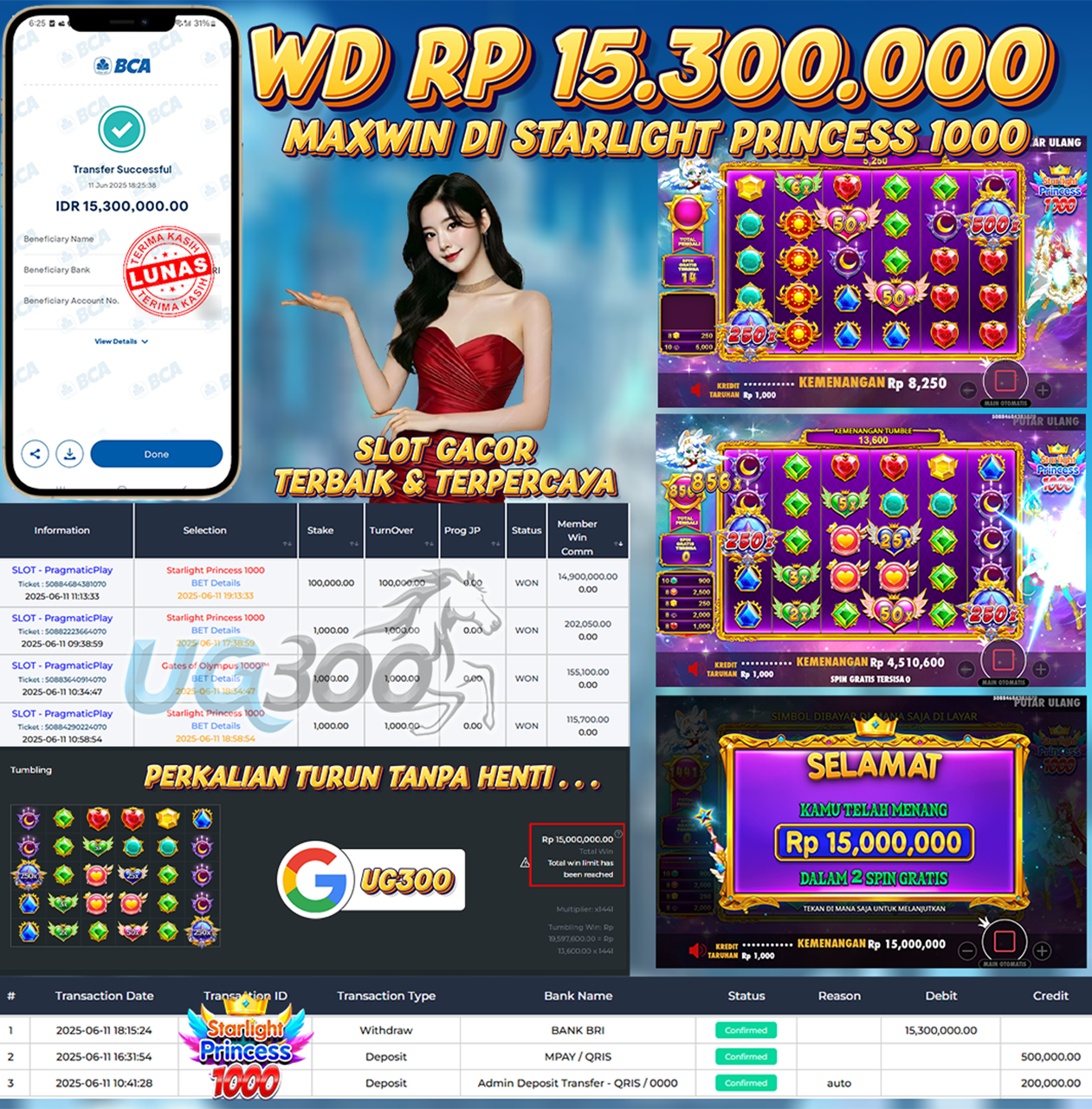 UG300 JACKPOT STARLIGHT PRINCESS 1000 Rp.15,300,000- DIBAYAR TUNTAS